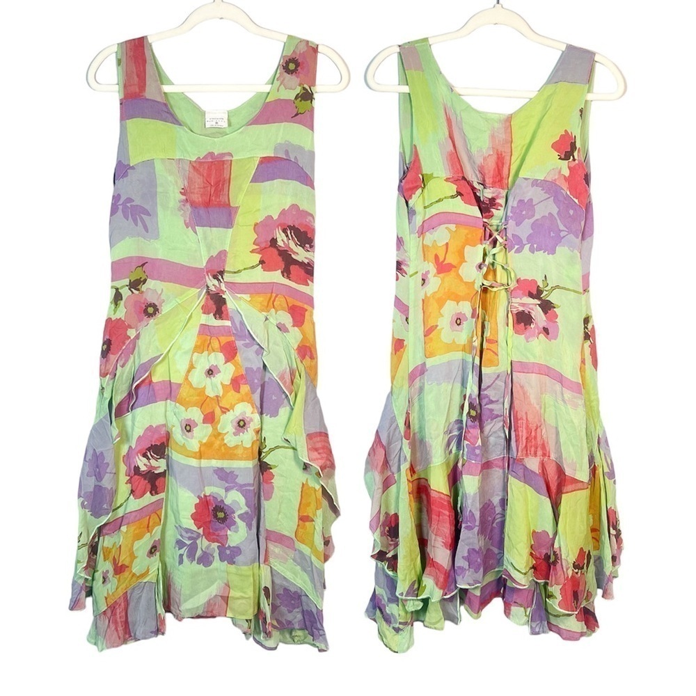 Click by Color Me Cotton Floral Overlay Lace Up Back Midi Dress Medium